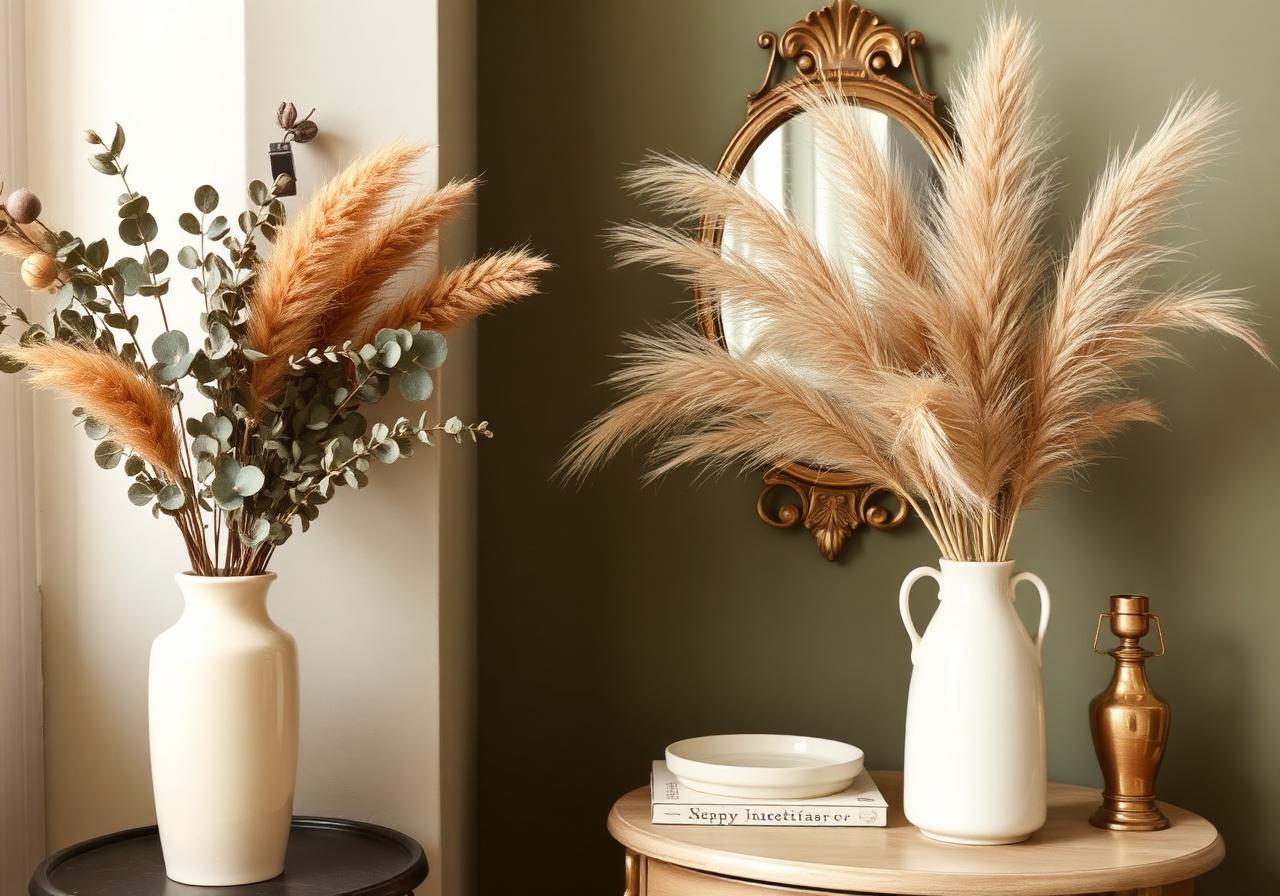 Vintage botanical details inside A Shade of Vintage — dried pampas, eucalyptus, and an antique brass mirror